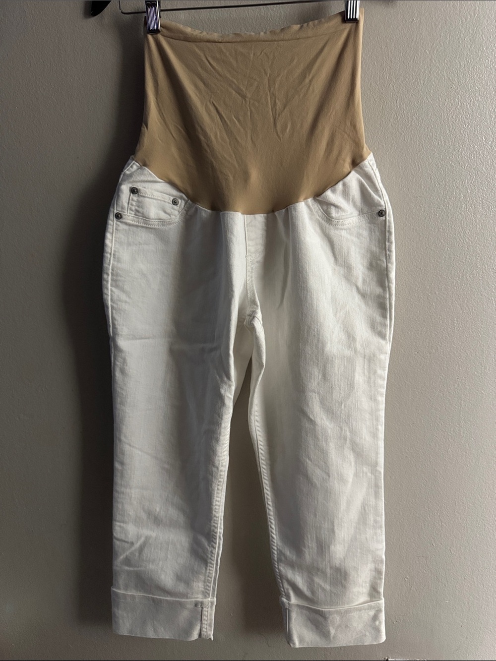 Indigo Blue White Straight-Leg Maternity Jeans with Tan Panel